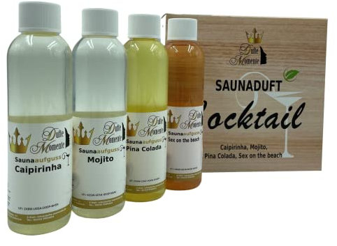 Dufte Momente | Cocktail Duft 4 x 250ml Saunaduft Konzentrat - Caipirinha, Mojito, Pina Colada, Sex on the beach - karibischer Flair in der Sauna - Premiumaufguss in attraktiver Umverpackung