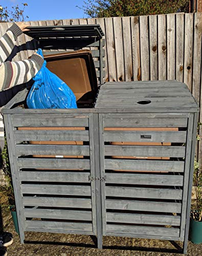BinGarden Double Wheelie Bin Storage Store Bi-Fold Roof Painted Dark Grey Garbage Cover Garden Shed Tidy Hide Trash Can Outdoor Twin Dustbin Slatted Hideaway for up to 240L Bins / 65G Cans