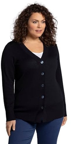 Ulla Popken Cardigan con Scollo a V, abbottonatura, Maglia fine Tight, Blu Navy, 68-70 Donna