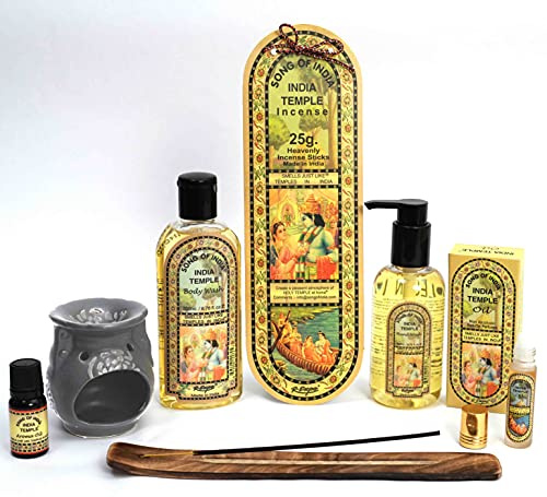 Song of India - India Temple Gift Set #8, Aroma Oils, Body Wash, Incense Sticks, Hand Wash, Perfume Oil, Handmade Mango Wood Incense Burner & Ceramic Oil Burner