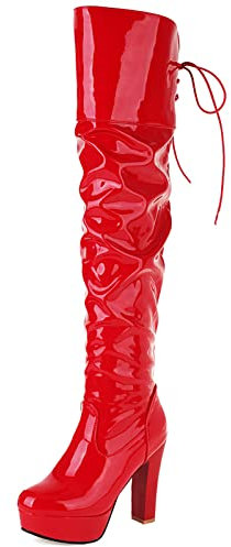 MJIASIAWA Donna Festa Prom Sopra Il Ginocchio Vernice Vestito Moda Plateau Tacco Alto Boots Serata Warm Thigh Thigh Stivali Arricciati Rosso Numero 40 EU/41 Asiatico