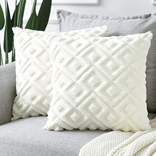 Sungeek 2er Set Sanft Plüsch Kurze Wolle Samt Kissenbezüge, Dekorativ Boho Zierkissenbezüge Luxus Kissenbezug Zuhause Deko Kissenhülle für Sofa Couch Schlafzimmer Wohnzimmer (Creme Weiß, 60x60cm)