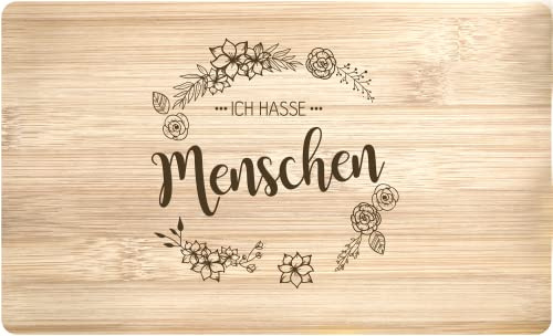 Tassenbrennerei Frühstücksbrettchen mit Spruch - Ich hasse Menschen - Motiv Blumenkranz - Echtholz Made in Germany - Geschenk für Freundin, Arbeitskollegin