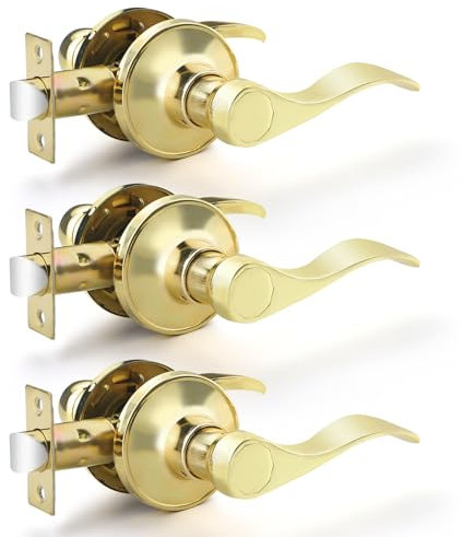 EHOMEWARE Confezione da 3 maniglie per porte interne in ottone lucido, per corridoio e armadio, set di maniglie per porte senza chiave