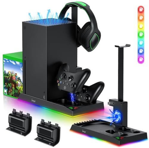 RGB-Ladeständer mit Kühlgebläse für Xbox Series X Konsole & Controller,Duale Ladestation Kühler Systemzubehör mit 15 RGB Lichtern,2 x 1400mAh Akku,Kopfhörerständer,Game Discs