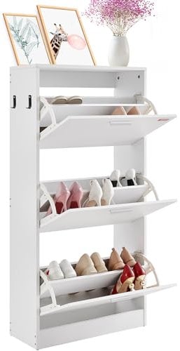 VEVOR Schuhschrank Schmal, Schuhregal Weiß, 600 x 237 x 1200 mm Schuhkipper mit 3 Klappen + oberem Staufach, Schuhkommode 45,35 kg Tragfähigkeit, Aufbewahrungsschrank Schuh Massivholz für Flur