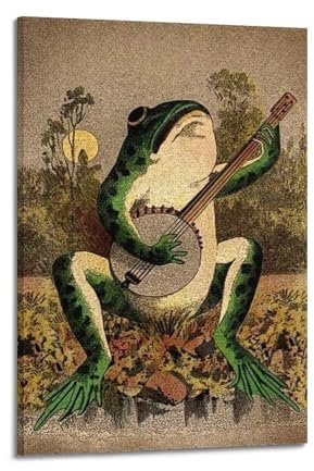 Frosch-Wandkunst-Poster, Retro, ein Frosch, der Banjo im Mondlicht spielt, dekoratives Gemälde, Leinwand-Wandposter und Kunstdruck, modernes Familienschlafzimmer-Dekor-Poster, 20 x 30 cm