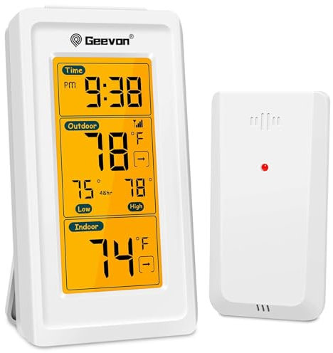 GEEVON Indoor Outdoor Thermometer Wireless Digital Thermometer Room Temperature Gauge with Time, High and Lows, 200ft/60m Range Temperature Monitor(White)