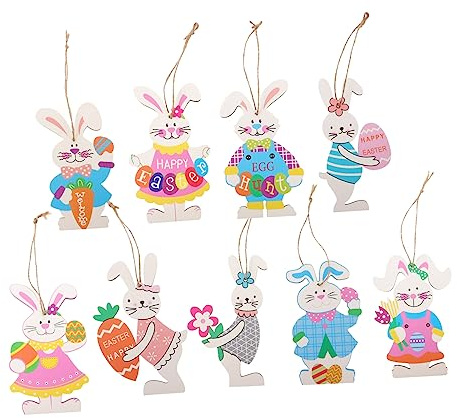 VINTORKY 9pcs Wooden Easter Plaque Decorative Door Sign for Spring Home Decor Vibrant Bunny Design Wall and Tree Decoration