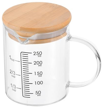 PATIKIL 250ml Glass Measuring Cup, 3.3 Borosilicate Glass Graduated Black Printed Scale Liquid Measure Cups Beaker with Wood Lid and V-Shaped Spout for Kitchen