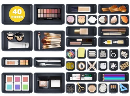 Omtofo 40 Stücke Schubladen Organizer Büro Ordnungssystem, AufbewahrungsBox, Schubladen Organizer Küche, 3 Größen, Rutschfester Organizer Box Für Schreibtisch, Badezimmer, Büro, Utensilien