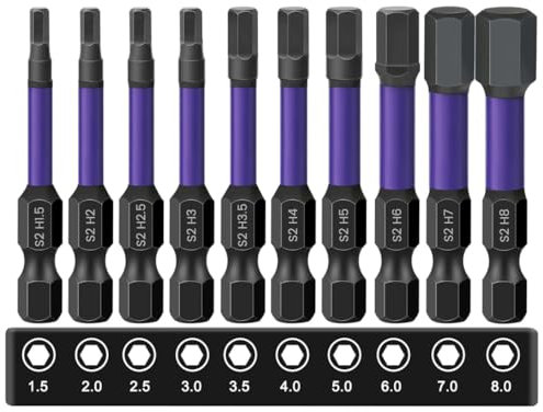 Uadme Hex Head Allen Wrench Drill Bit Set, 10Pcs Long Hexagon Impact Drill S2 Steel Strong Magnetic Screw Driver Bit with 1/4 Anti Slip Hex-Shank, H1.5-H8
