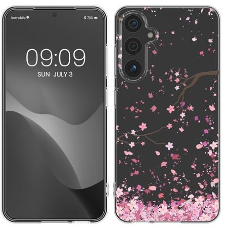 kwmobile Custodia Compatibile con Samsung Galaxy A55 5G - Cover Silicone TPU - Protezione Back Case - Pioggia di petali rosa/marrone scuro/trasparente