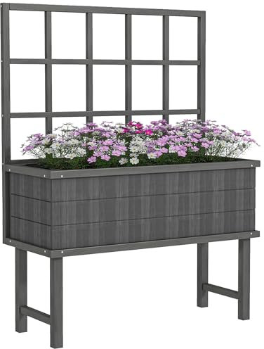 Outsunny Wooden Raised Planter with Trellis for Vine Climbing Plants, Elevated Garden Bed with Drainage Holes and Bed Liner for Vegetables, Flowers, Herbs, 105 x 45 x 140cm, Grey