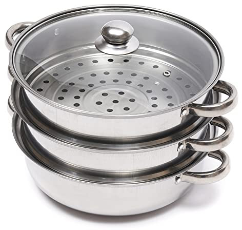 HuKaiL Vaporera de 3 capas de acero inoxidable de 28 cm, olla con tapa de cristal, apta para lavavajillas, apta para cocinas de gas, eléctricas y halógenas
