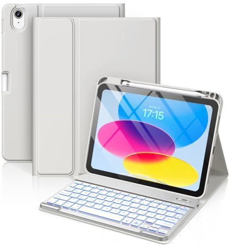 Vobafe Hülle mit Tastatur für iPad A16 11/10 Generation (2025/2022, 11/10.9 Zoll)- 7 Farben Beleuchtete Magnetische Abnehmbare Keyboard Schutzhülle mit Stifthalter für iPad 11. /10. Gen, Hell Grau