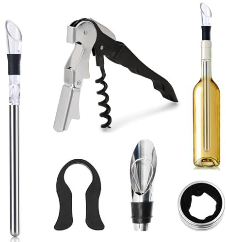 Lumeclat Set de Enfriador de Vino 8-en-1, con Varillas Refrigerantes, Decantador, Vertedor, Tapón de Botella y Abridor de Vino Multifuncional de Acero Inoxidable, Accesorios para Vino Blanco y Tinto