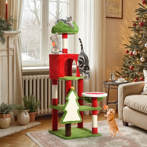 YITAHOME 137cm Torre de árbol para Gatos con Condominios, Perchas Superiores, Hamaca, Postes y Tablero para Rascar de Sisal, Centro de Actividades de Juego para Gatitos, Decoración Navideña