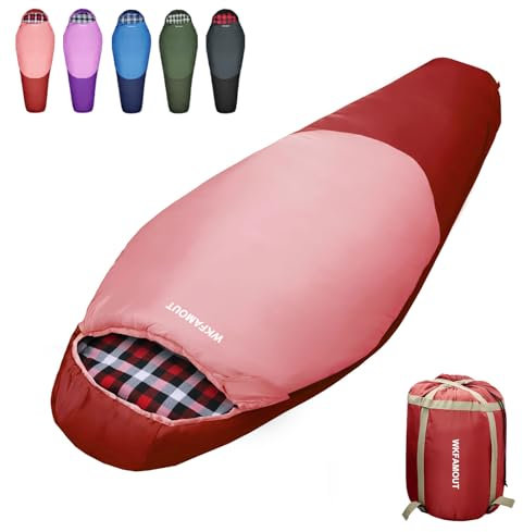WKFAMOUT Mumienschlafsack Outdoor -12℃-0℃ [500GSM] Schlafsack Flanell 3-4 Jahreszeiten Tragbar Winter Maschinenwaschbarer Schlafsäcke für Erwachsene Kinder Camping Reisen 200x80CM Rot