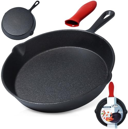 Vilde Gusseisenpfanne 25 cm Mit Rotem Silikongriff - Vielseitige Pfanne Für Alle Herdarten - Hitzebeständig, Robust, Langlebig - Ideal Zum Braten, Schmoren, Backen - Gusseiserne Pfanne Induktion