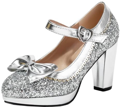 HSyc JRX Damen Blockabsatz High Heels Glitzer Pumps mit Schleife Mary Jane Plateau Schuhe