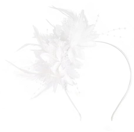 Feather Headband Women Flower Fascinators Artificial Flower Feathered Headpiece Rose Red Roaring 1920s Feather Headwear for Cocktail Carnival Masquerade Tea Party(White)