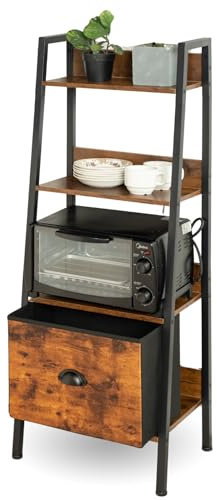 FurnitureR Leiterregal, 4-Tier schmales Regal, Bücherregal für Home Office, Wohnzimmer, Schlafzimmer, Küche, Bücherregal aus Holz mit Schubladen, Industrie, Rustikal Braun und Tinte Schwarz