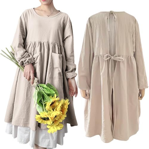 Women Apron with Pocket Cotton Linen Home Shop Kitchen Cooking Aprons Long Sleeve Apron Cute Women Apron Japanese Bib for Chef Cafe Flower Baking Painting Gardening Cleaning (Beige, 36.2x44.5in)