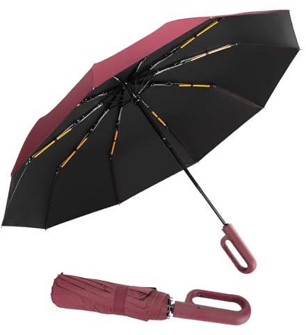 Cooloutdoors Regenschirm Sturmfest für Regen, 10 Rippen, Freien UV Schutz Faltender Sonnenschirm, Automatik regenschirm, Karabinergriff für Herren und Damen-Rot
