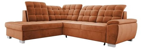 Modernes Ecksofa Lotta, Mit Komfortabler Liegefläche 186x125cm, Relaxfunktion Und Pflegeleichtem Veloursstoff Für Unerwartete Gäste, 258x212cm, Anordnung der Möbel Linksseitig, Farbe: ORANGE