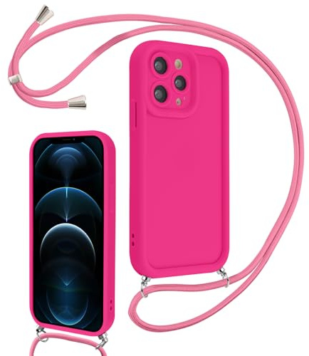 Coalbooliy Cover per iPhone 12 Pro Max 6,7 con Cordino per Cellulare, Custodia Silicone con Regolabile Collana Sottile Morbida Case Protezione della fotocamera Antiurto con Necklace, Rosa Rossa