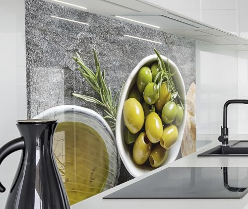 timalo Spritzschutz Wand für Herd, Küche Küchenrückwand Glasoptik | Acryl Glas 2mm | Glasrückwand Acrylglas Wandpaneele Rückwandschutz Platte | 160x50cm Oliven und Brot