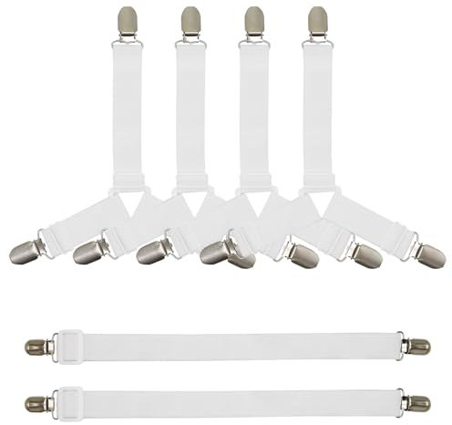 JRSHIRLEYLTD 4 Tendeurs de draps triangulaires avec 2 Tendeurs de Bandes Longues, Tendeurs de draps réglables, Attaches pour draps de lit, Matelas, canapé (Blanc)