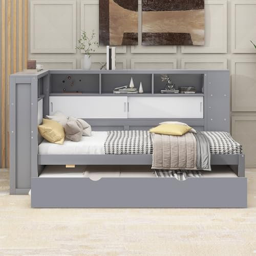 LAKFEW Kinderbett Schlafsofa 90x200, Tagesbett mit Auszugsbett 90x190 und USB-Ladebuchse, Einzelbett Schlafsofa mit Stauraum und Bücherregal, Ohne Matratze, Grau