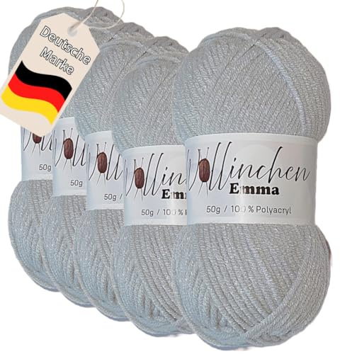 Wollinchen Wolle Emma - 5 x 50g - leuchtende Farben, Babywolle, Wolle zum Stricken, Häkeln, Knüpfen oder Basteln (Grau)