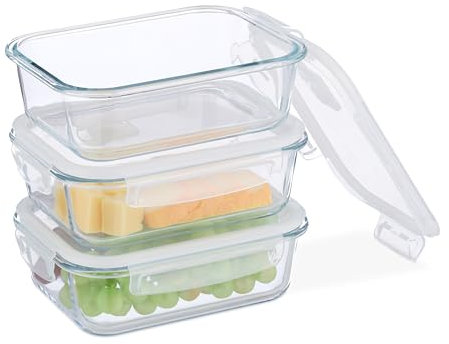 Relaxdays Fiambreras de Cristal con Tapa, Set de 3, 1040 ml, Recipientes Herméticos, Cierre de Plástico, Transparente, Silicona, Vidrio