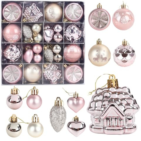 Weihnachtskugeln Kunststoff Set, 40 Stück Christbaumkugeln, Christbaumschmuck Set Wetterfeste Weihnachtskugeln, für Weihnachten und Party Dekore, Champagner und Rosengold