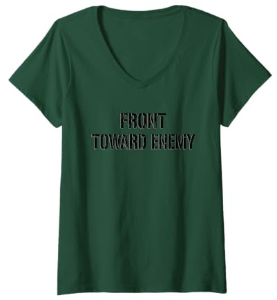 Damen Lustiges T-Shirt mit Aufschrift Front Toward Enemy, Schwarz T-Shirt mit V-Ausschnitt