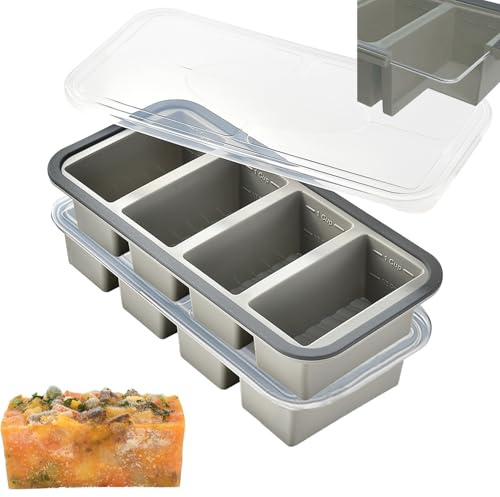Theuwnee® 2-Pack Silicone Freezer Tray with Lid - Soup Freezer Container molds - Large Ice Cube Tray-Freezer Storage Food Soups & Meal Prep (Gray, 4+4)