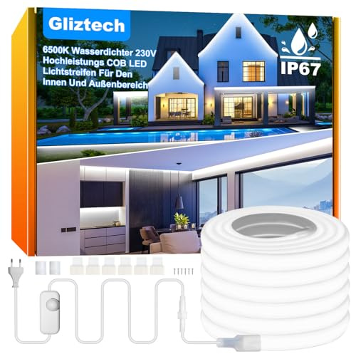 IP67 Wasserdicht COB LED Streifen AC 230V Direktstecker, Superhelles LED Lichtband Selbstklebend Außen mit Doppelsicherungs Controller, 3000K LED Strip Warmweiss für Garten Gewerbedekor (6500K, 30M)