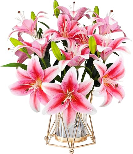 6PCS Artificial Lilies Flowers Set With 12 Heads Fully Blooming Flower 6 Buds, 3D Printing Waterproof Faux Artificial Tiger Lily Flowers for Home Wedding Office Party Decor Table Centerpieces (Pink)