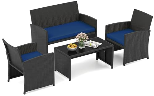 COSTWAY Salon de Jardin en Rotin PE 4 Pièces Canapé 2 Places (Noir+Bleu) | Mobilier d'extérieur avec Fauteuils Table Basse en Verre Trempé, Mobilier d'Extérieur avec Coussins pour Patio Porche Piscine