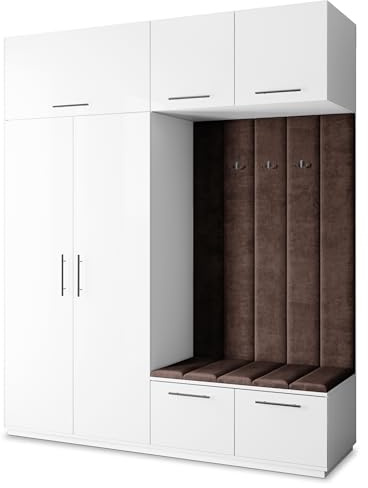 Masseno Flugarderoben Set Rema, Kleiderschrank-Set mit Sitzbank, Garderobenschrank Flur mit 5 Regalböden, Weiß