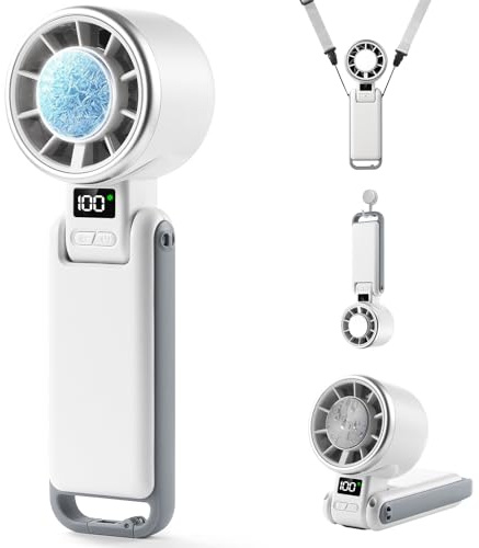 Curloni Ventilateur turbo portable avec refroidissement à glace, rechargeable 4000 mAh, ventilateur turbo haute vitesse 8 m/s, ventilateur 3 en 1 main/cou/bureau avec mousqueton pour voyage, extérieur
