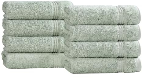 Superior Egyptian Cotton 8-Piece Hand Towel Set, Towel Basics For Quick Dry, Absorbent Small Towels, Facial, Spa, Kitchen, Bathroom Essentials, Apartment, Guest Bath, Soft, Washcloth, Sage