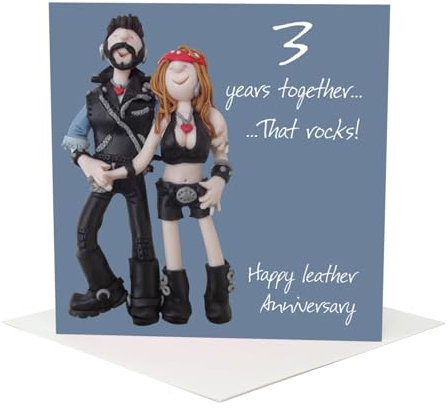 Holy Mackerel 3 years together leather 3rd wedding anniversary card for a couple - designed by artist Erica Sturla - 15cm square and blank inside for your message - made in the UK