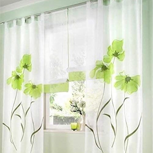 SIMPVALE 2 stücks Gardinenschal Gardine Print Blumen Vorhang für Wohnzimmer Schlafzimmer Schlaufenschal, Breite 150cm / Höhe 175cm, Grün