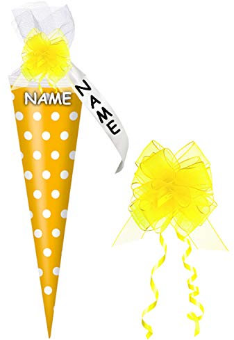 alles-meine.de GmbH 10 Stück Schultüten - gelb - Punkte weiß - 50 cm - rund - incl. Name und individueller Schleife - mit Tüllabschluß - Zuckertüte - Rohling - Bastelschult..