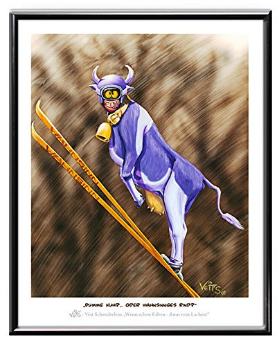 Veit`S Bilder Wandbild Cartoon Landwirt Milchvieh Skispringen - Dumme Kuh? Oder wahnsinniges Rind?! (Klein 24x30mit Rahmen)