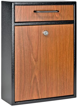 Mail Boss 7427 High Security Steel Wall-Mounted Locking Mailbox, (Office Drop, Comment, Letter, Deposit Box), Black with Wood Grain Powder Coat
